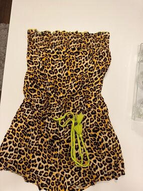 BONGO Beige Leopard Strapless Romper with Neon Green Trim